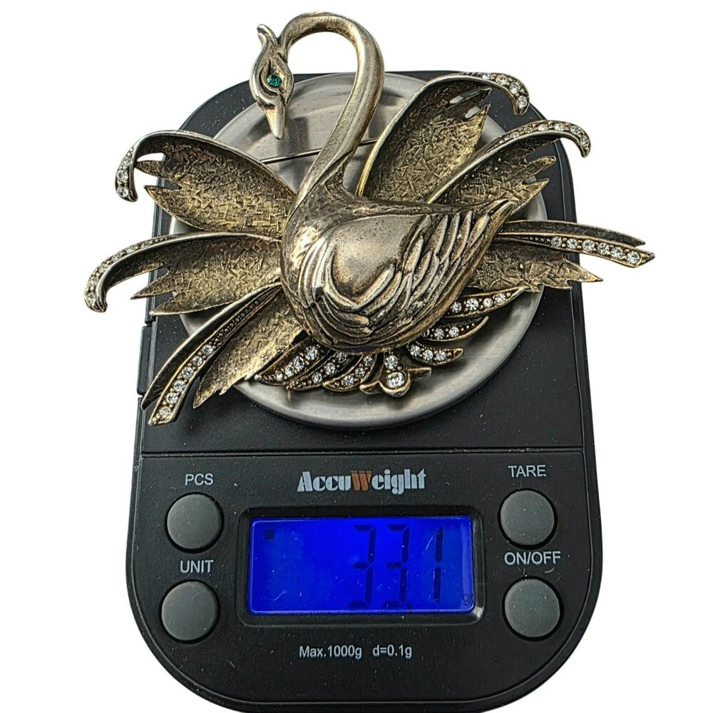 Vintage Swan Brooch Rhinestones Figural Bird Pin Mid Century Statement Gold-Tone - Picture 12 of 15